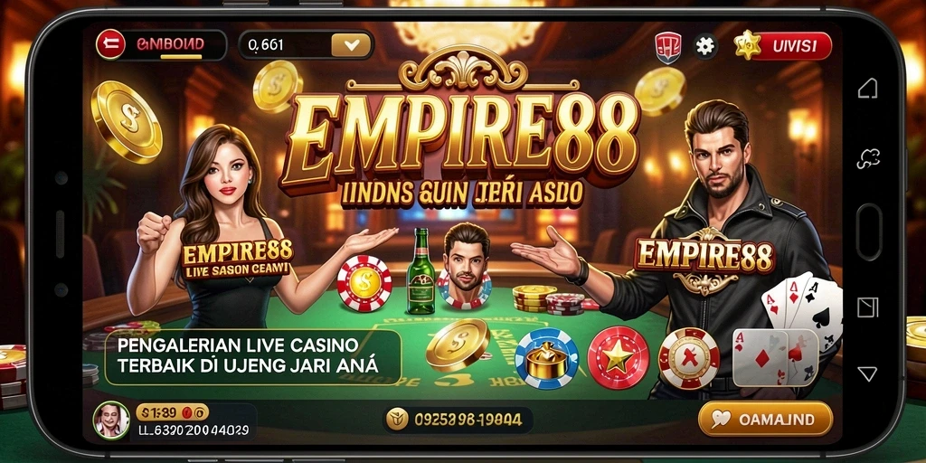 Tangkapan layar gameplay EMPIRE88 yang menunjukkan dealer langsung dan suasana kasino.