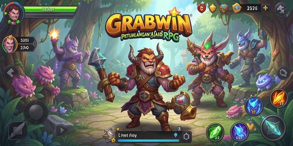 Screenshot gameplay GRABWIN menunjukkan karakter bertarung dengan monster legendaris.