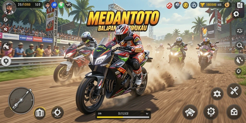 Tampilan gameplay seru dari MEDANTOTO dengan aksi balapan motor yang cepat.