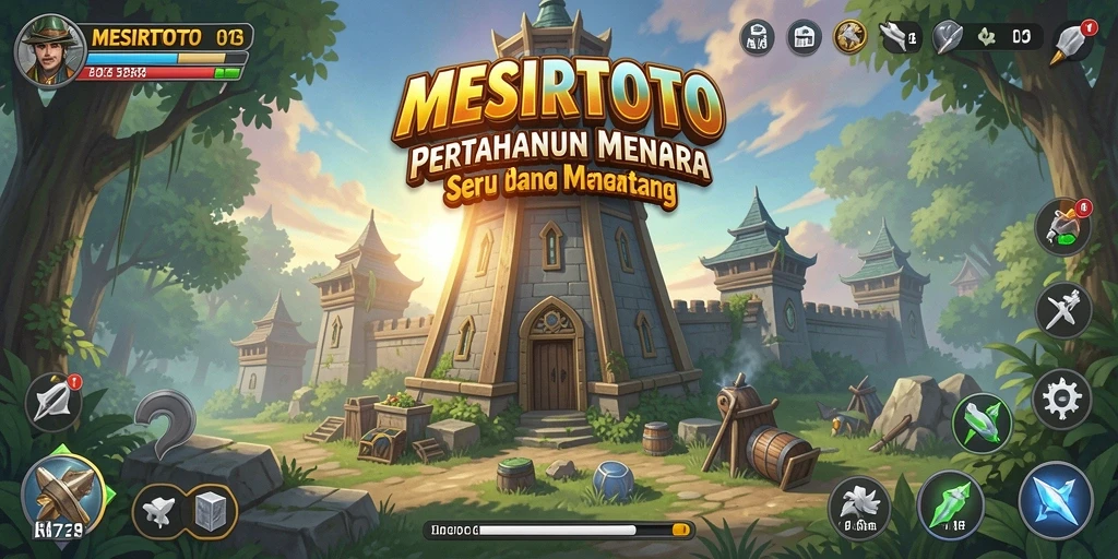 Screenshot gameplay MESIRTOTO yang menampilkan pertahanan menara yang epik.