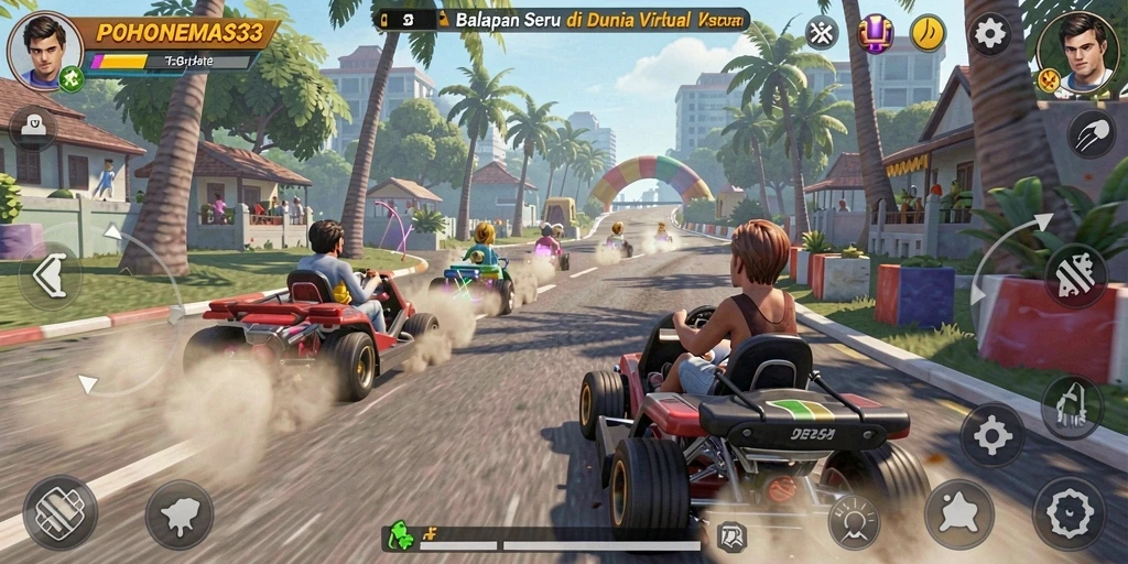 Tampilan gameplay seru di POHONEMAS33 dengan kendaraan balap yang cepat.
