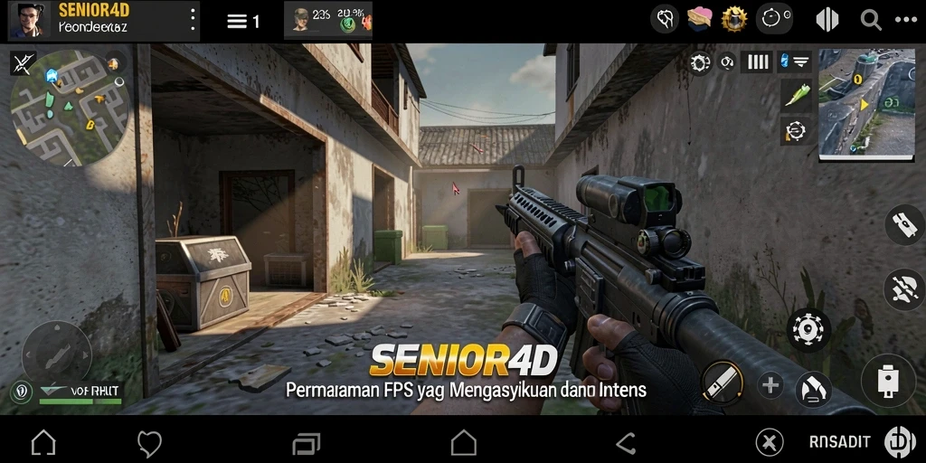 Screenshot gameplay SENIOR4D menampilkan aksi menegangkan dalam pertempuran FPS.