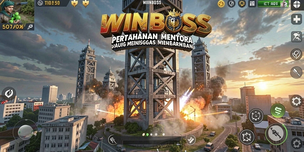Screenshot gameplay <strong>WINBOSS</strong> yang menampilkan menara dan musuh beraksi.